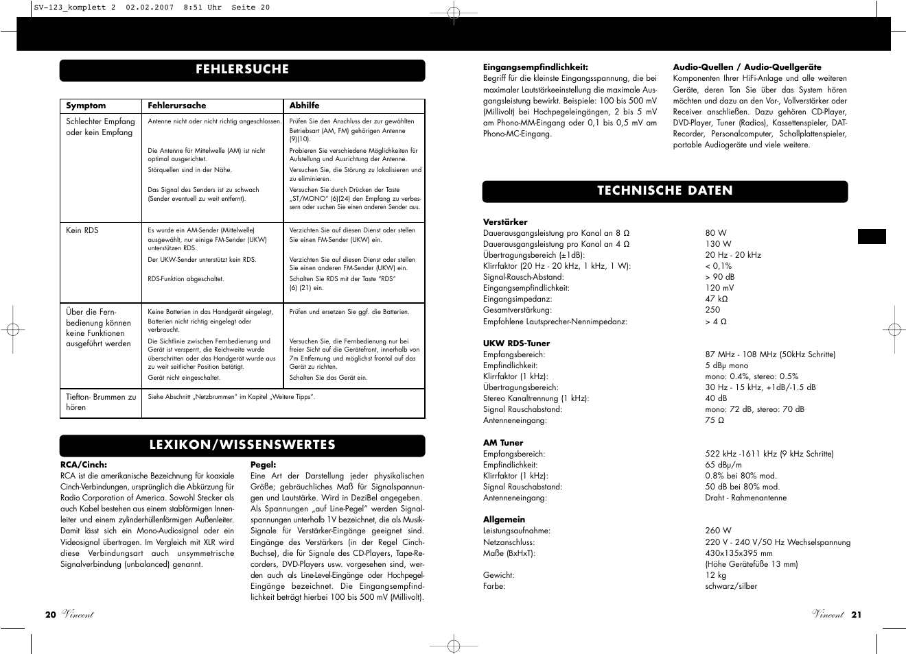 Vincent, Technische daten lexikon/wissenswertes, Fehlersuche | Vincent Audio SV-123 User Manual | Page 11 / 31