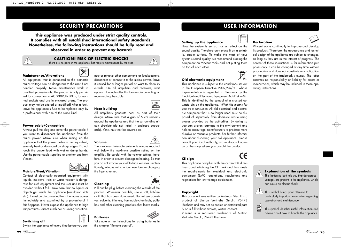 Vincent, Vincent security precautions, User information | Vincent Audio SV-123 User Manual | Page 12 / 31