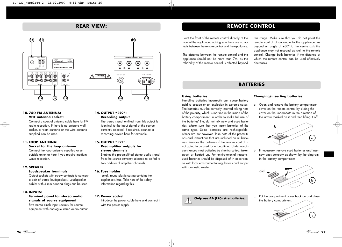 Vincent, Rear view, Remote control | Batteries | Vincent Audio SV-123 User Manual | Page 14 / 31