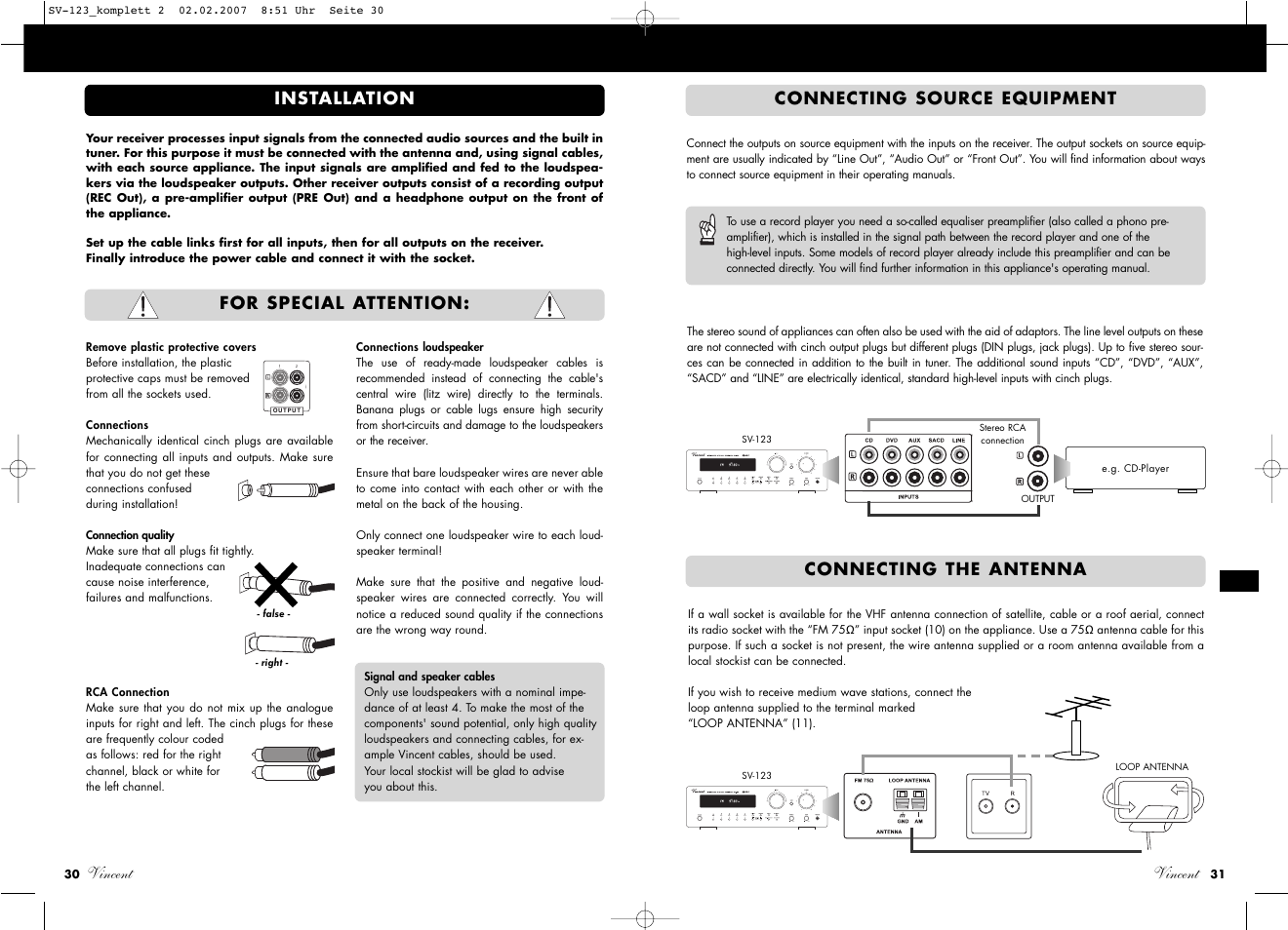 Vincent, Installation connecting source equipment, Connecting the antenna | For special attention | Vincent Audio SV-123 User Manual | Page 16 / 31