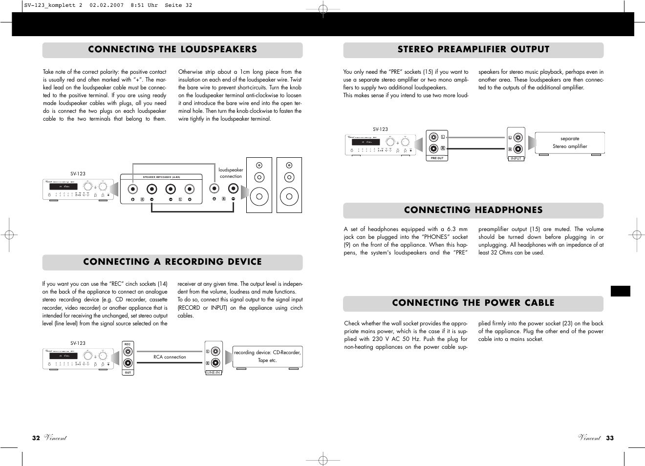 Vincent, Connecting the power cable connecting headphones | Vincent Audio SV-123 User Manual | Page 17 / 31
