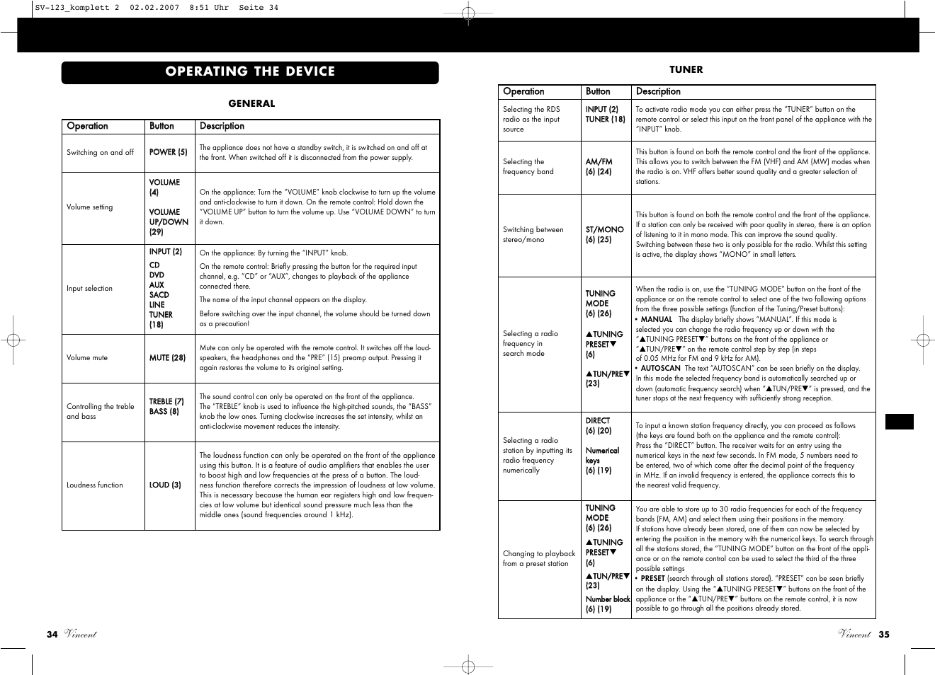 Vincent, Operating the device | Vincent Audio SV-123 User Manual | Page 18 / 31