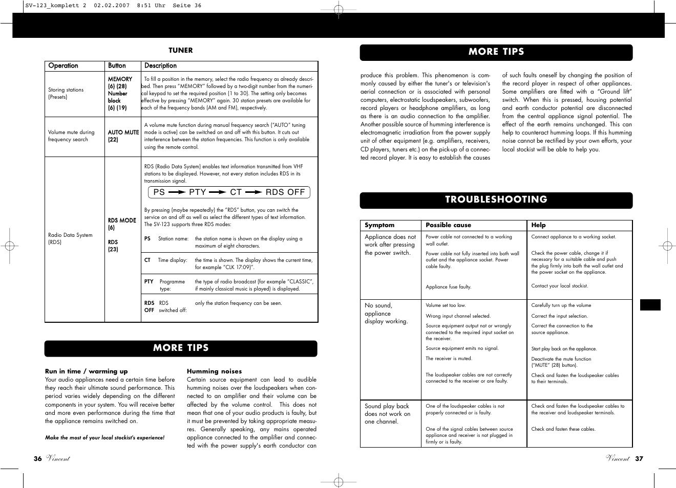 Vincent, More tips, Troubleshooting | Vincent Audio SV-123 User Manual | Page 19 / 31