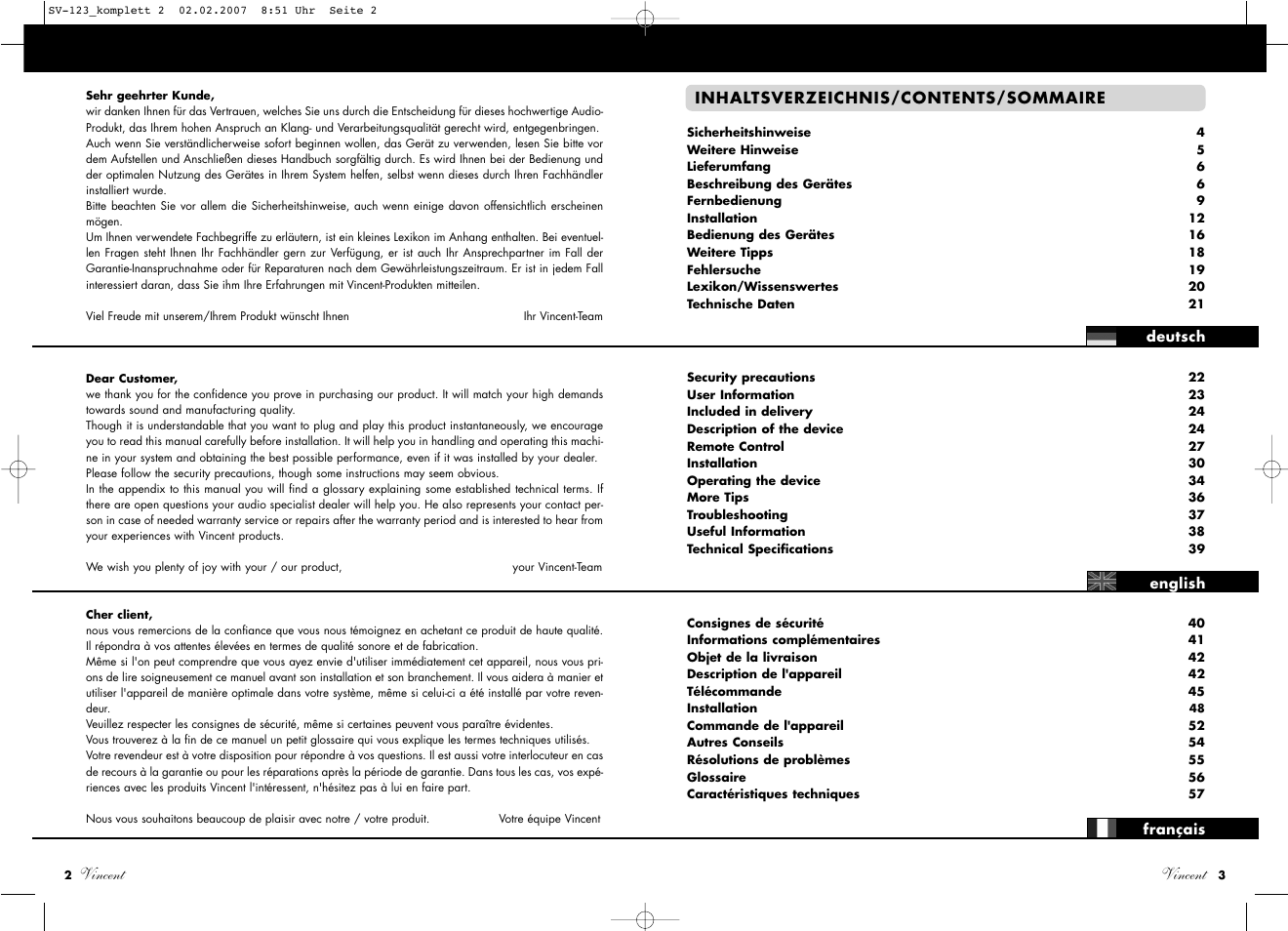 Vincent | Vincent Audio SV-123 User Manual | Page 2 / 31