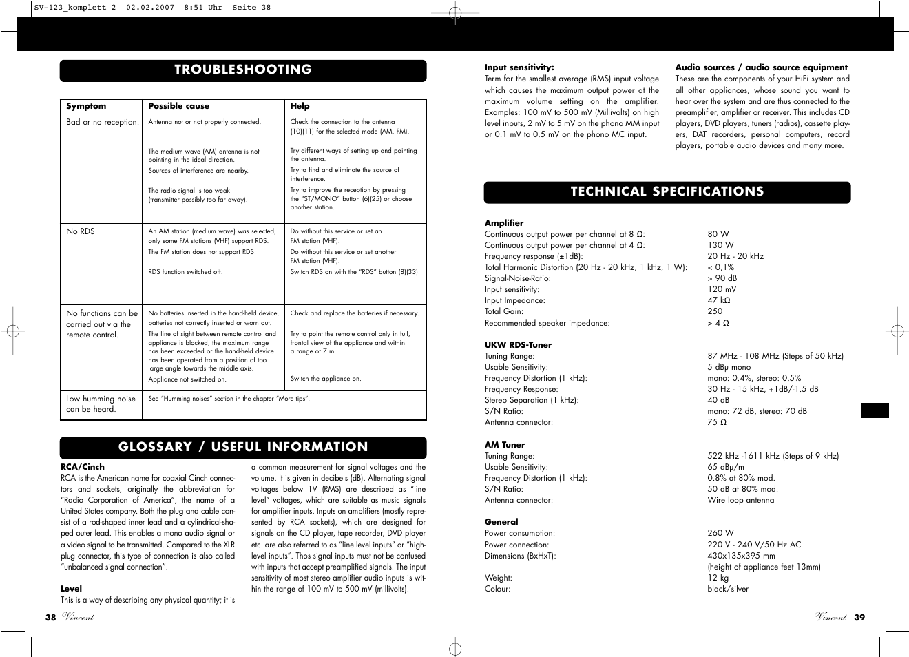 Vincent, Troubleshooting | Vincent Audio SV-123 User Manual | Page 20 / 31