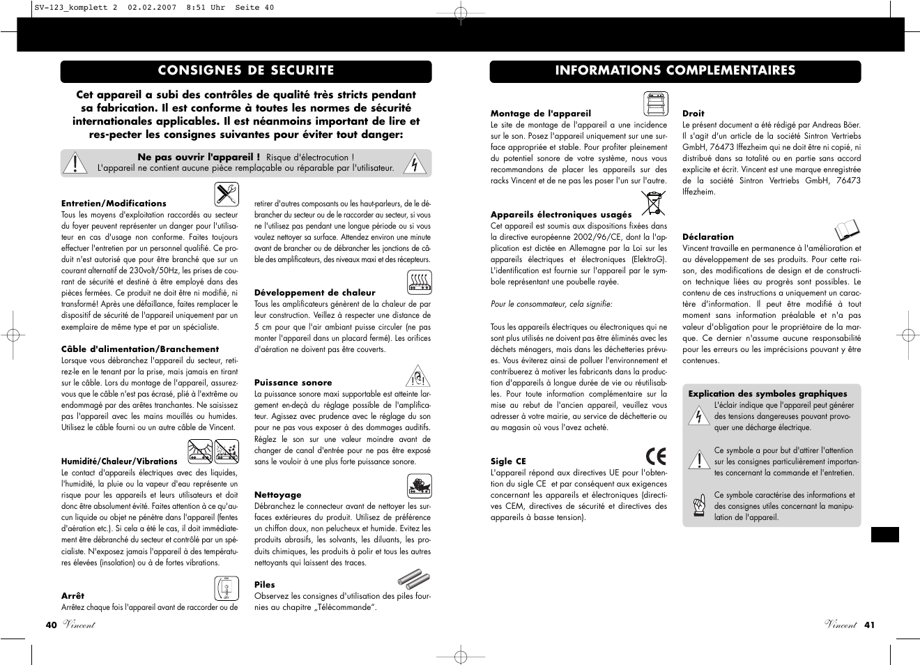 Vincent, Vincent consignes de securite, Informations complementaires | Vincent Audio SV-123 User Manual | Page 21 / 31