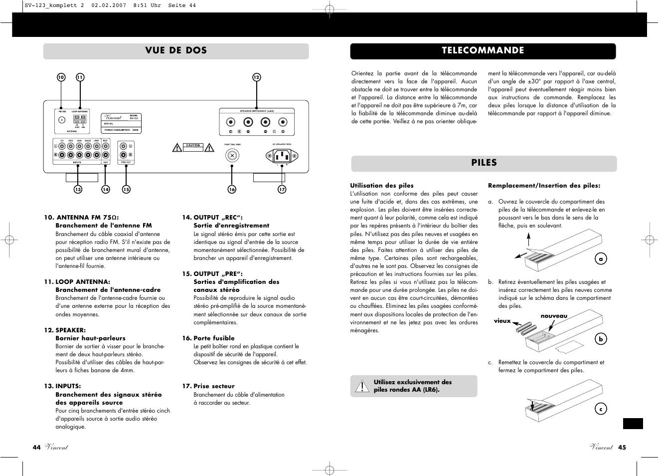 Vincent, Vue de dos, Telecommande | Piles | Vincent Audio SV-123 User Manual | Page 23 / 31