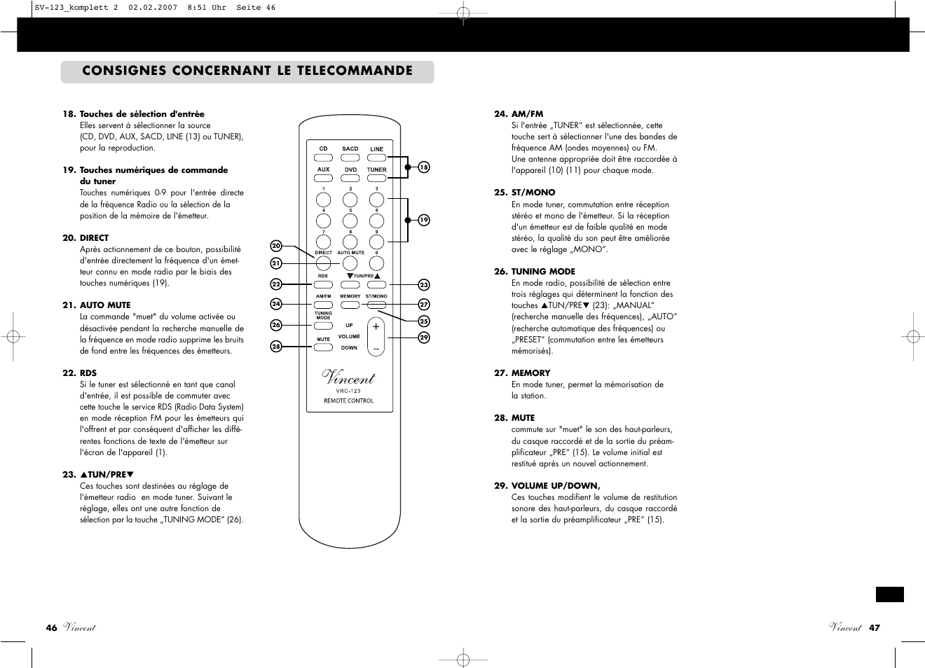 Vincent, Vincent consignes concernant le telecommande | Vincent Audio SV-123 User Manual | Page 24 / 31