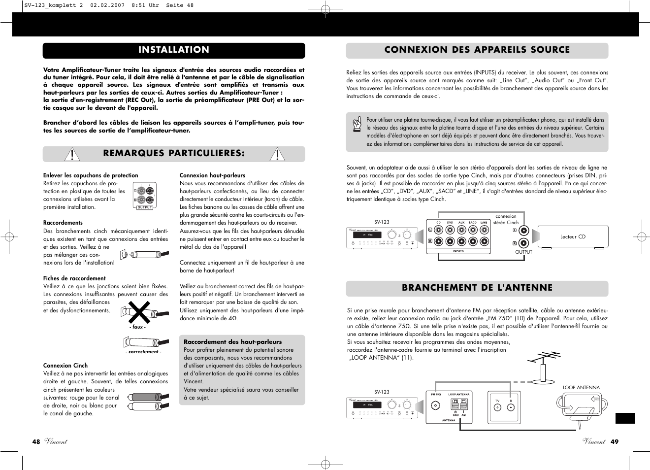 Vincent, Installation connexion des appareils source, Branchement de l'antenne | Remarques particulieres | Vincent Audio SV-123 User Manual | Page 25 / 31