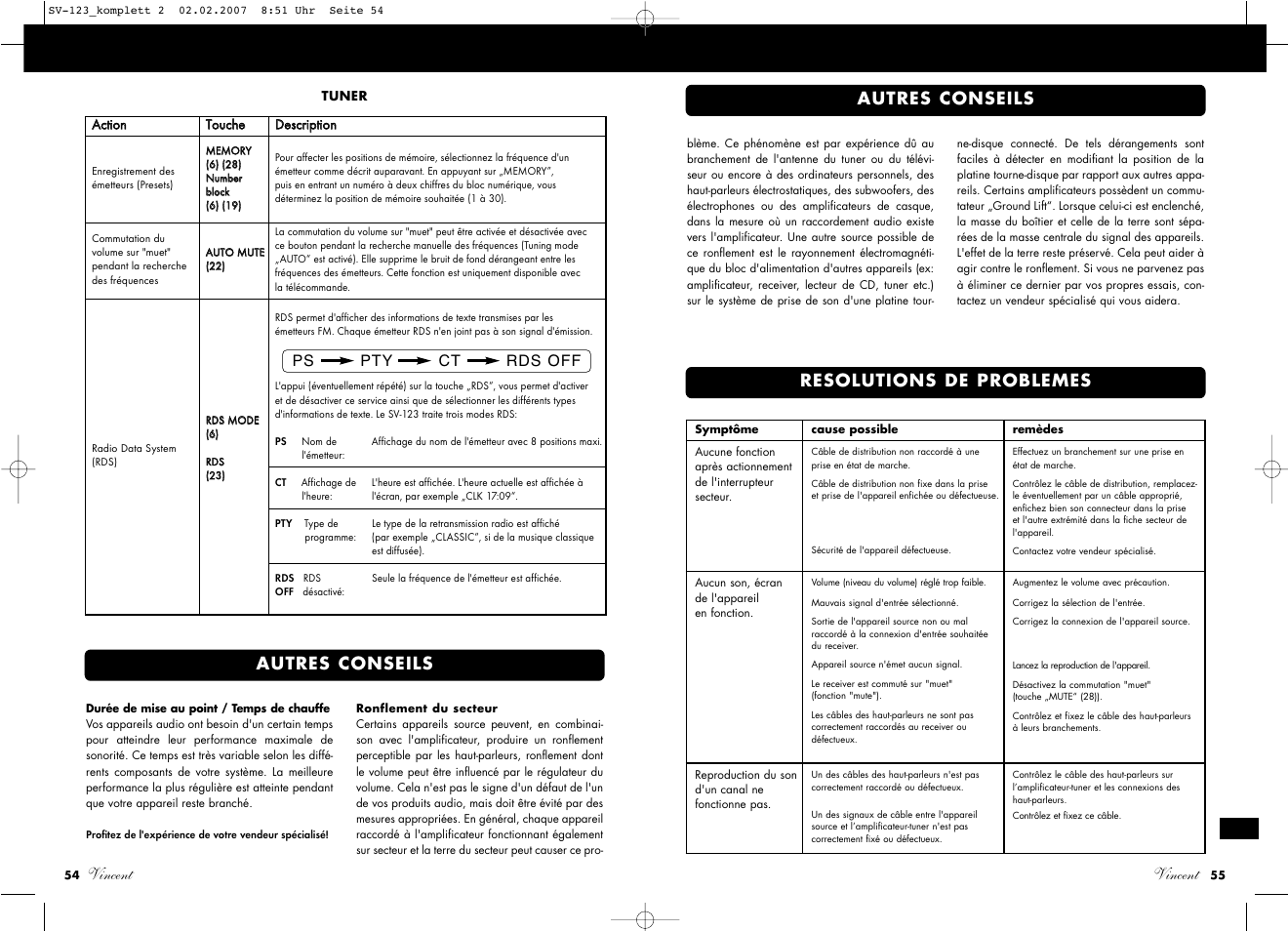 Vincent, Autres conseils, Resolutions de problemes | Vincent Audio SV-123 User Manual | Page 28 / 31
