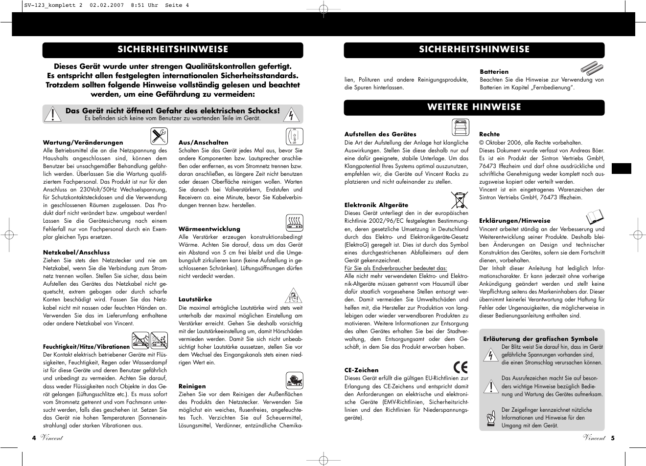Vincent, Vincent sicherheitshinweise sicherheitshinweise, Weitere hinweise | Vincent Audio SV-123 User Manual | Page 3 / 31