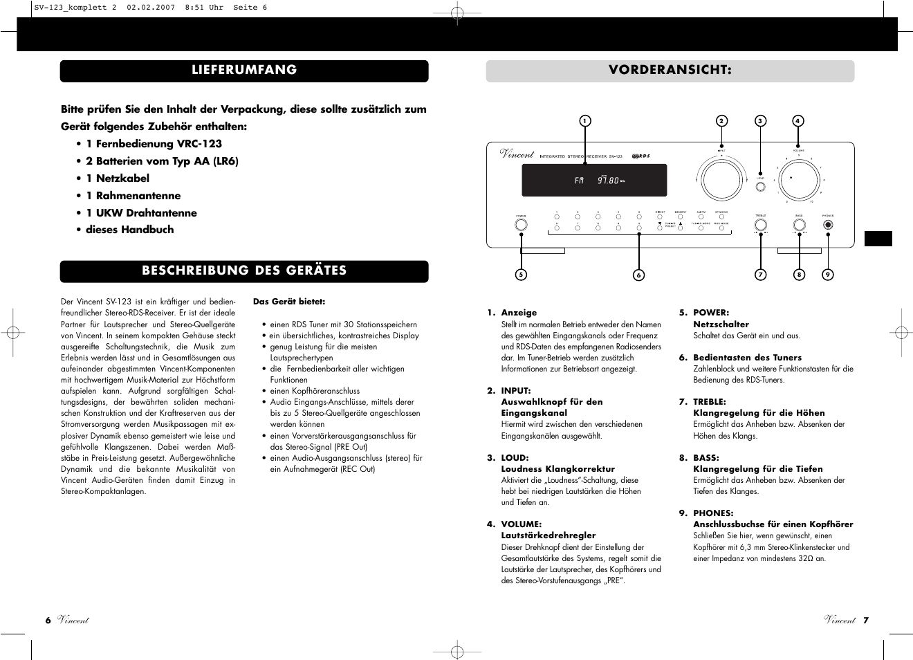 Vincent, Vincent lieferumfang beschreibung des gerätes, Vorderansicht | Vincent Audio SV-123 User Manual | Page 4 / 31