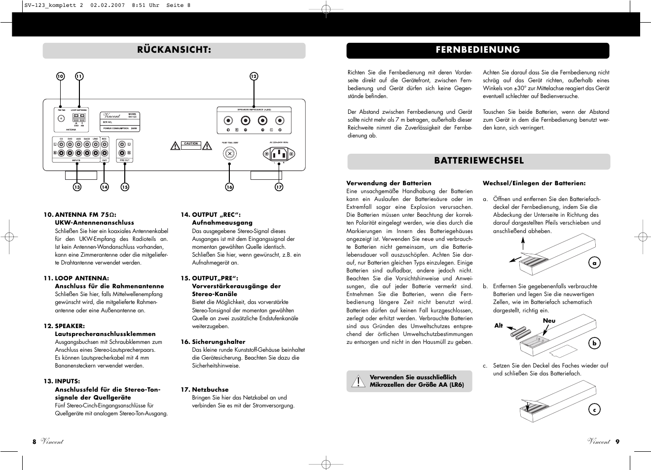 Vincent, Rückansicht, Fernbedienung | Batteriewechsel | Vincent Audio SV-123 User Manual | Page 5 / 31