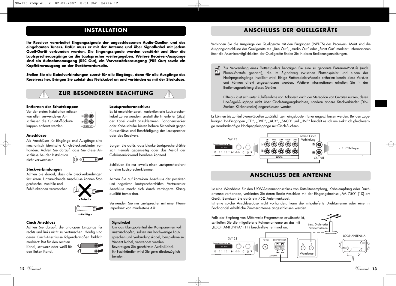 Vincent, Installation anschluss der quellgeräte, Anschluss der antenne | Zur besonderen beachtung | Vincent Audio SV-123 User Manual | Page 7 / 31