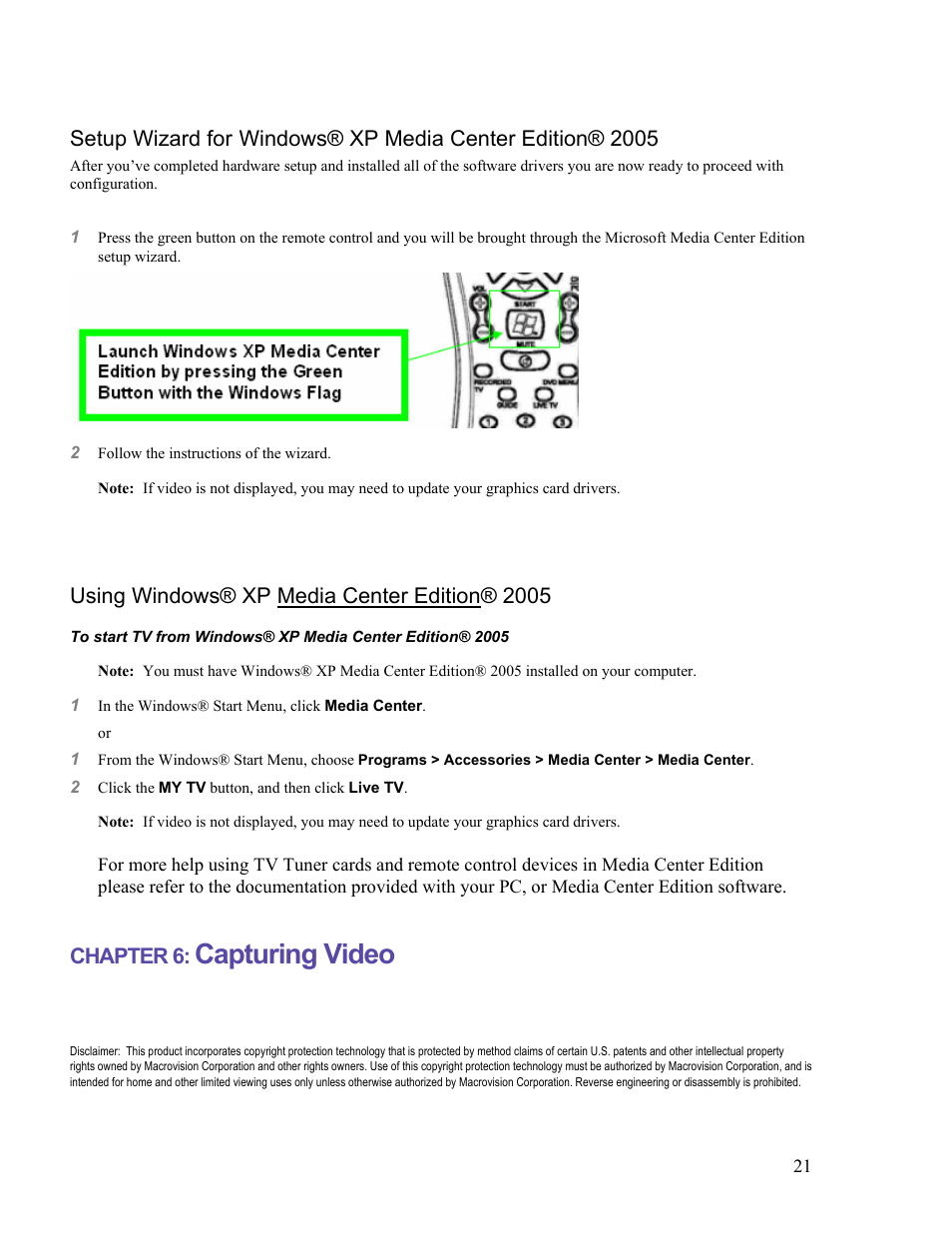 Capturing video, Setup wizard for, Windows® xp media center edition® 2005 | Using windows® xp media center edition® 2005, Chapter 6 | VisionTek Theater 550 PRO User Manual | Page 21 / 31