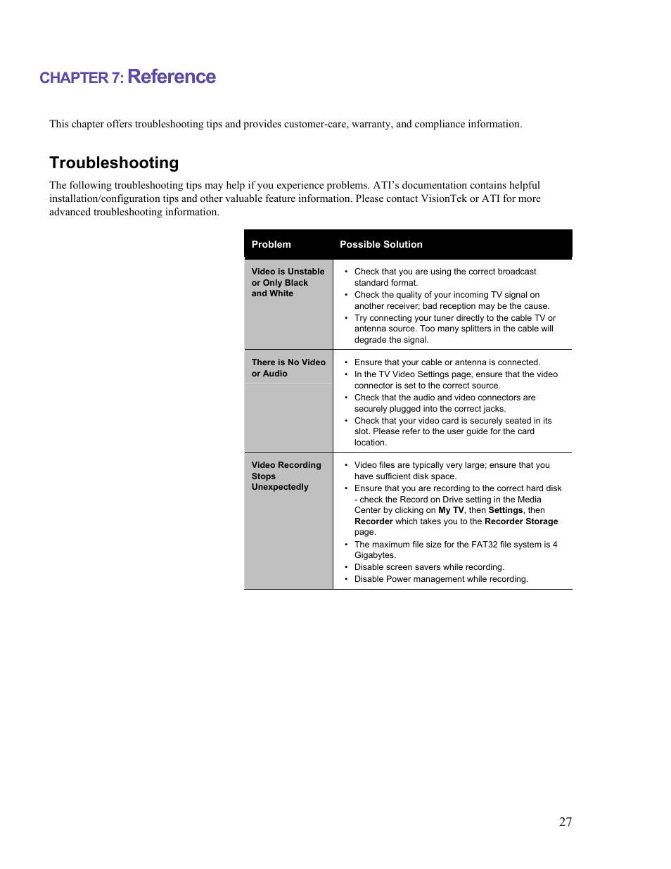 Reference, Troubleshooting, Chapter 7 | VisionTek Theater 550 PRO User Manual | Page 27 / 31