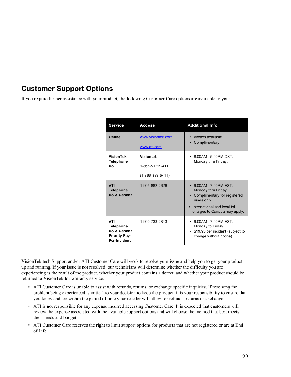 Customer support options | VisionTek Theater 550 PRO User Manual | Page 29 / 31