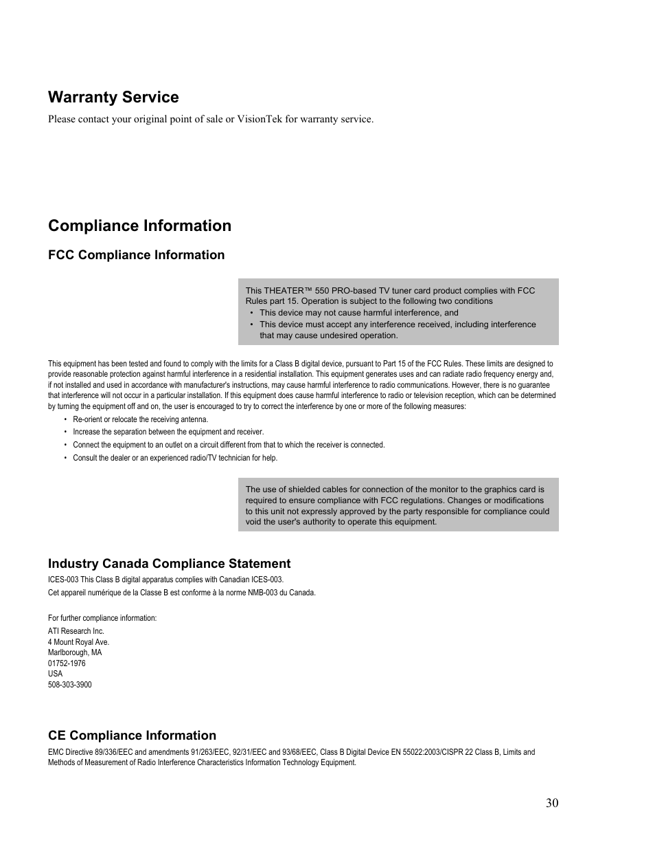 Warranty service, Compliance information | VisionTek Theater 550 PRO User Manual | Page 30 / 31
