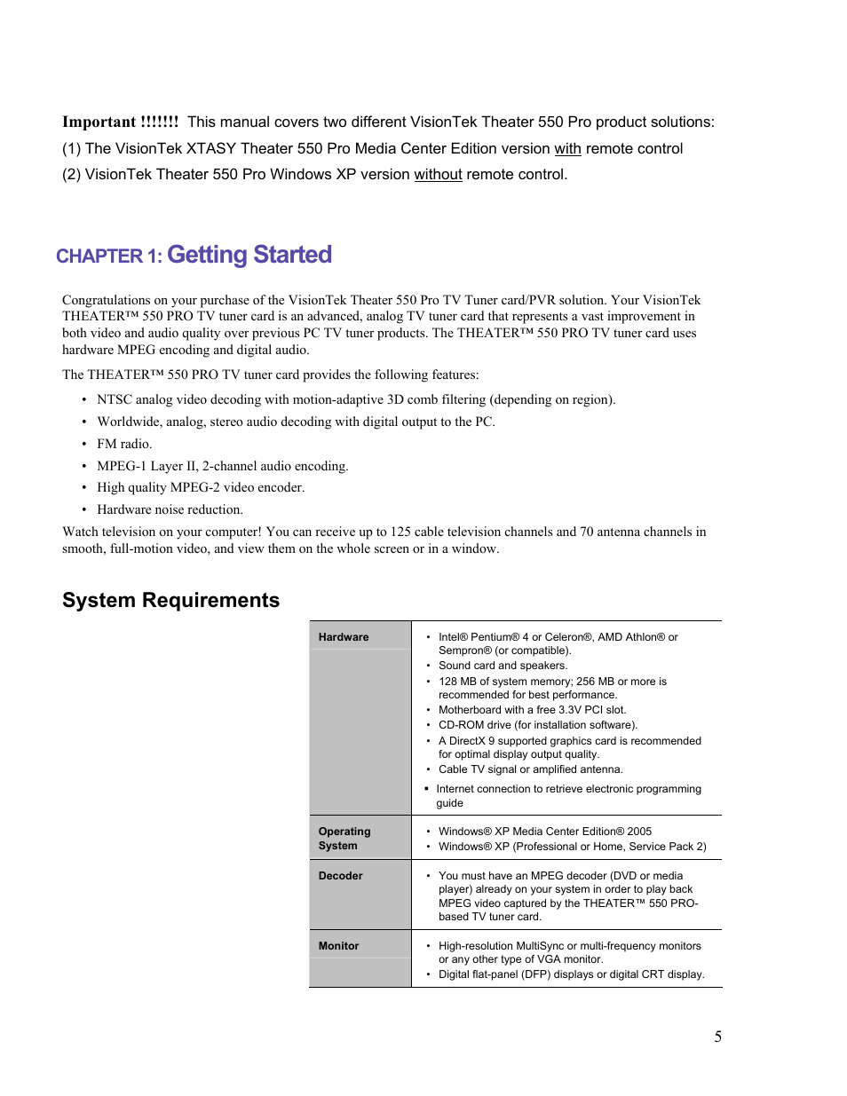 Getting started, System requirements, Chapter 1 | VisionTek Theater 550 PRO User Manual | Page 5 / 31
