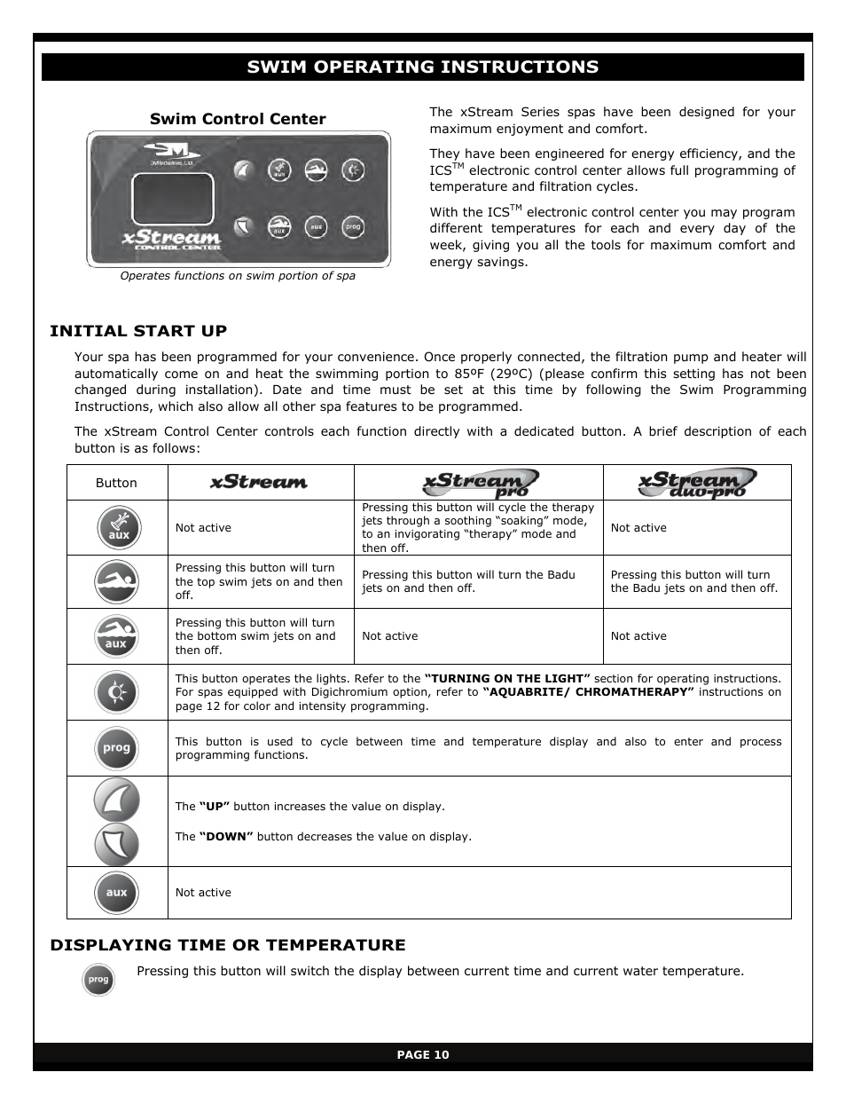 Swim operating instructions, Initial start up, Displaying time or temperature | Swim control center | Vita Spa xStreamPro User Manual | Page 16 / 30