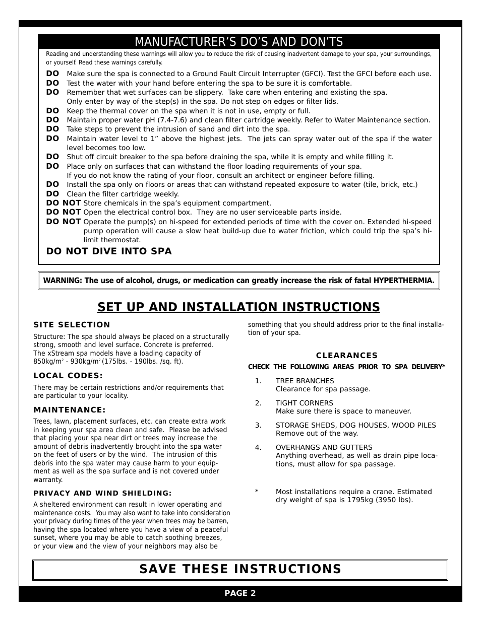 Save these instructions, Do not dive into spa | Vita Spa xStreamPro User Manual | Page 8 / 30