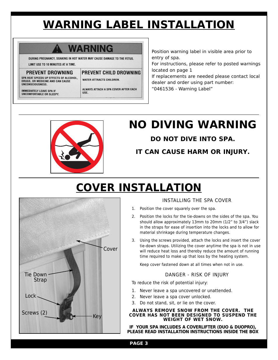 Cover installation, Warning label installation no diving warning | Vita Spa xStreamPro User Manual | Page 9 / 30