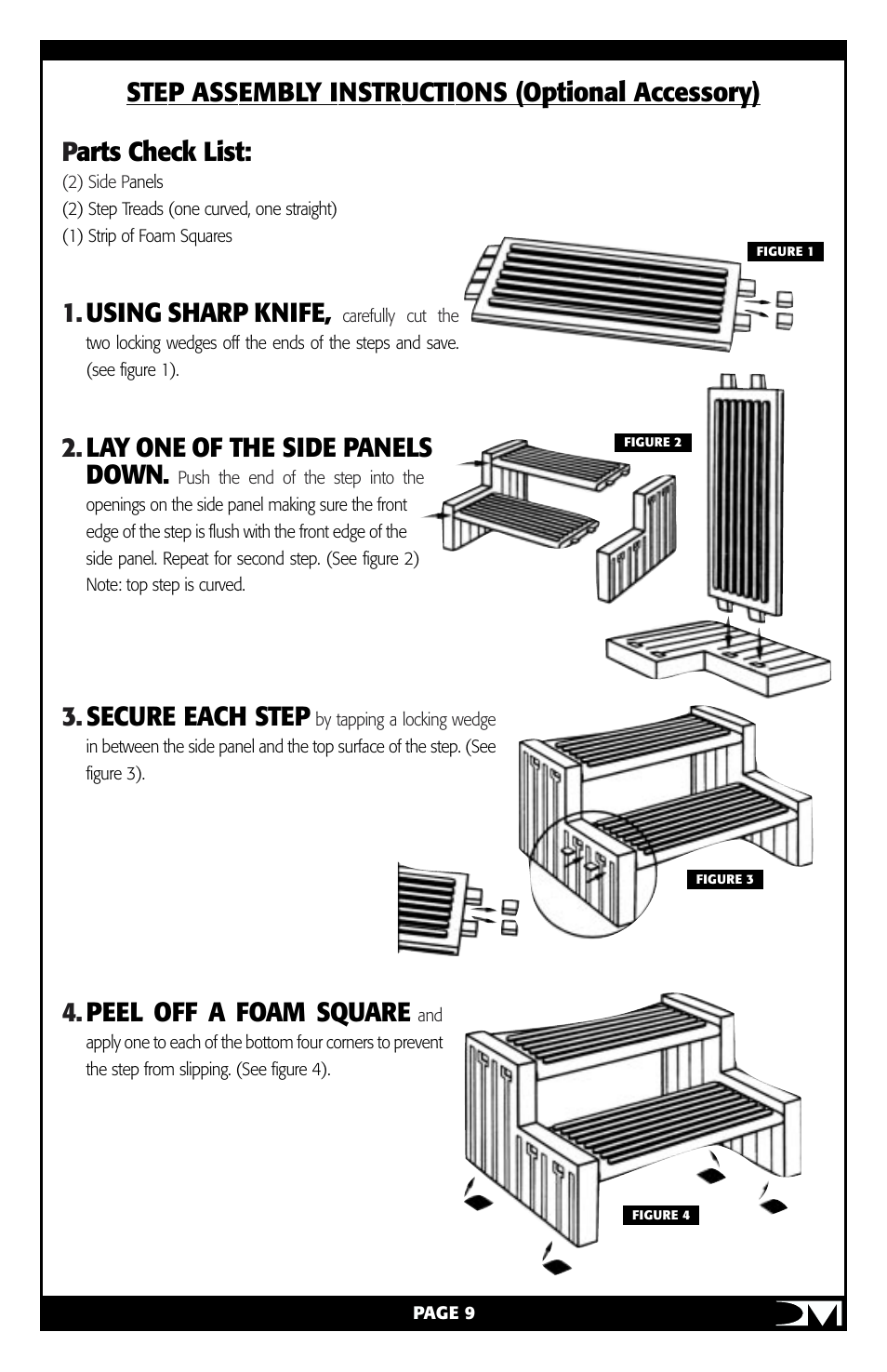 Parts check list, Using sharp knife, Lay one of the side panels down | Secure each step, Peel off a foam square, Step assembly instructions (optional accessory) | Vita Spa Portable Spa User Manual | Page 11 / 33