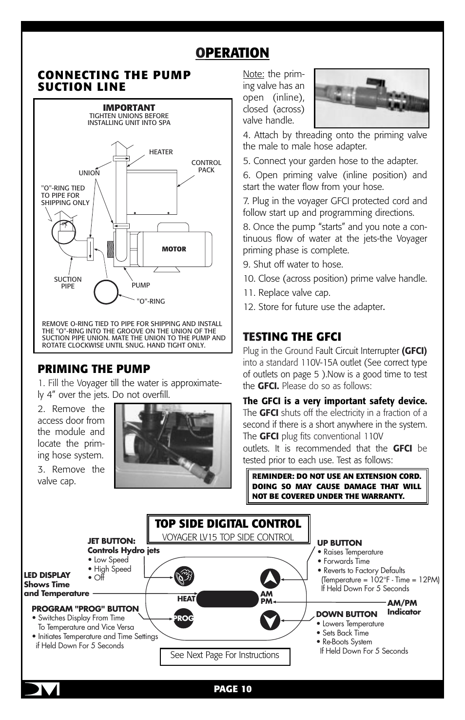Operation, Connecting the pump suction line priming the pump, Tes ting the gfci | Top side digital control | Vita Spa Portable Spa User Manual | Page 12 / 33