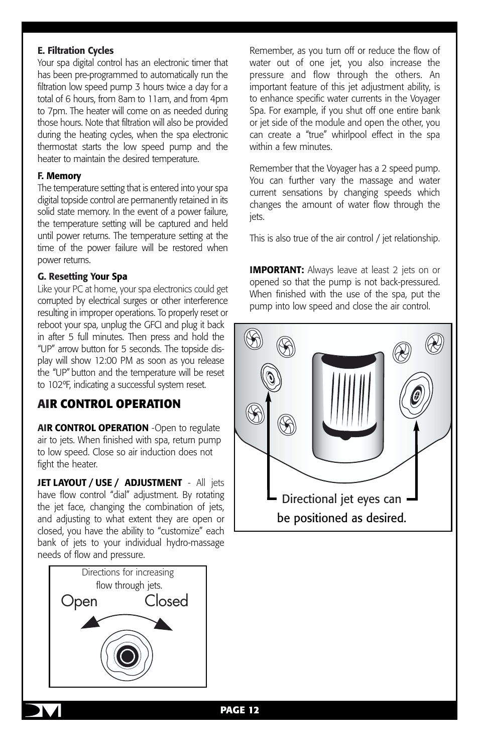 Open closed, Ai r control operation, Directional jet eyes can be positioned as desired | Vita Spa Portable Spa User Manual | Page 14 / 33