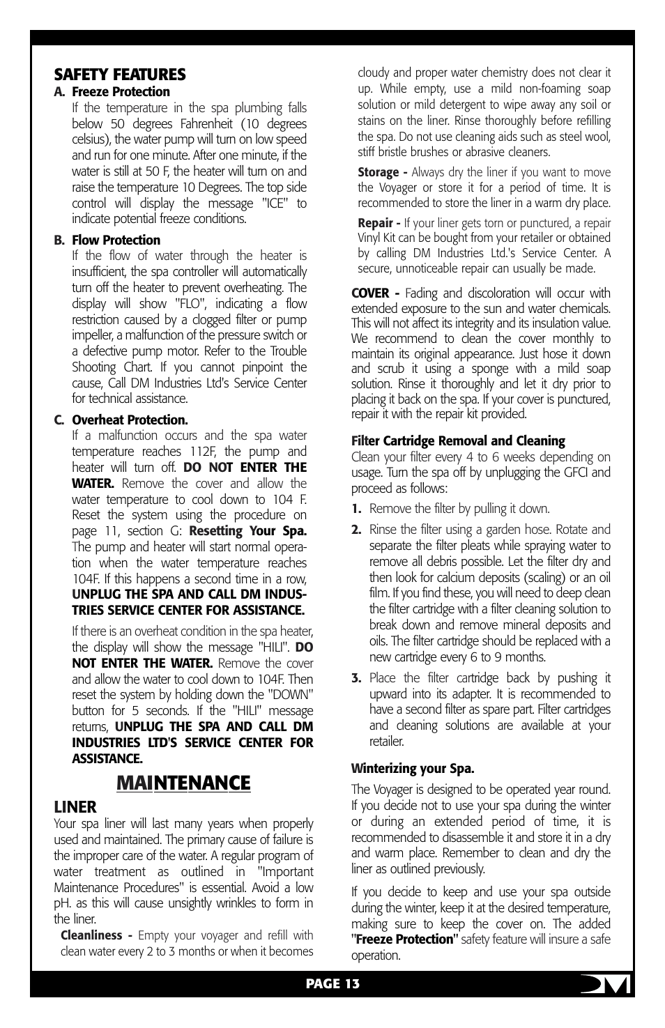 Mai ntenance, Li ner, Safety features | Vita Spa Portable Spa User Manual | Page 15 / 33