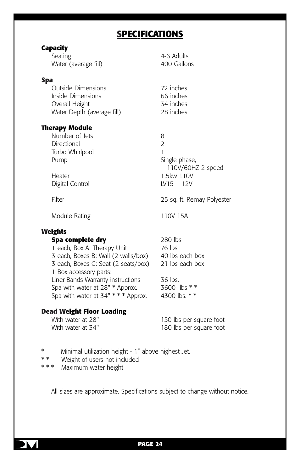 Specifications | Vita Spa Portable Spa User Manual | Page 26 / 33