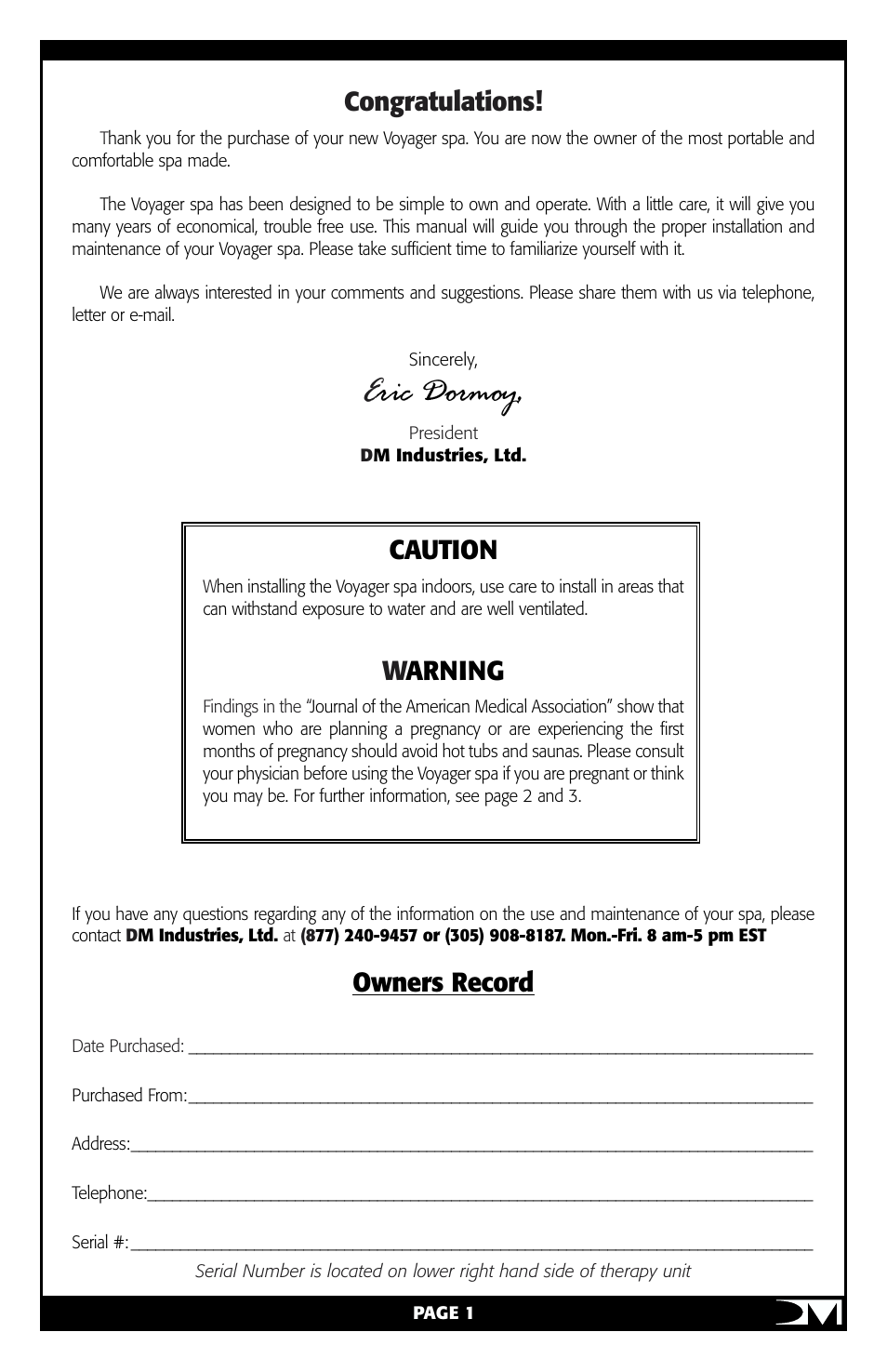 Eric dormoy, Caution, Warning | Owners record | Vita Spa Portable Spa User Manual | Page 3 / 33