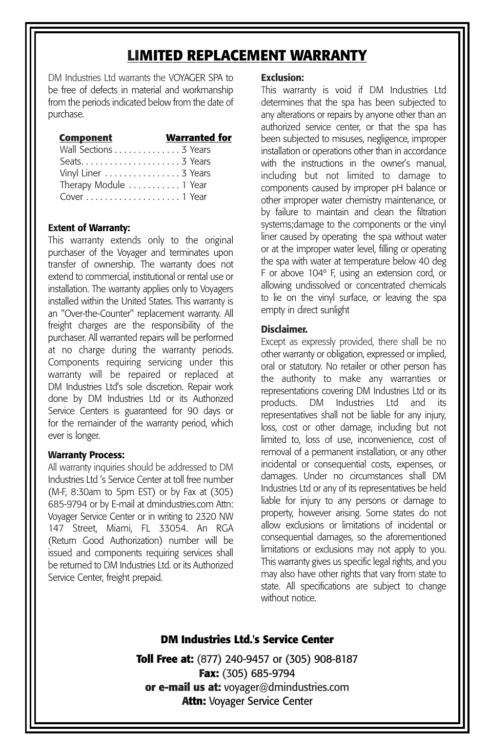 Li mited replacement warranty | Vita Spa Portable Spa User Manual | Page 31 / 33