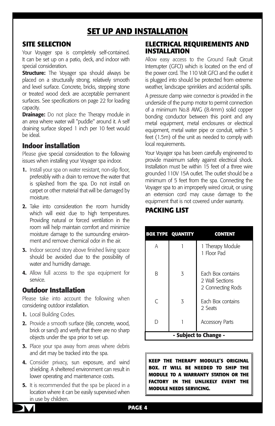 Set up and installation, Site selection, Indoor installation | Outdoor installation, Electrical requirements and installation, Packing list | Vita Spa Portable Spa User Manual | Page 6 / 33