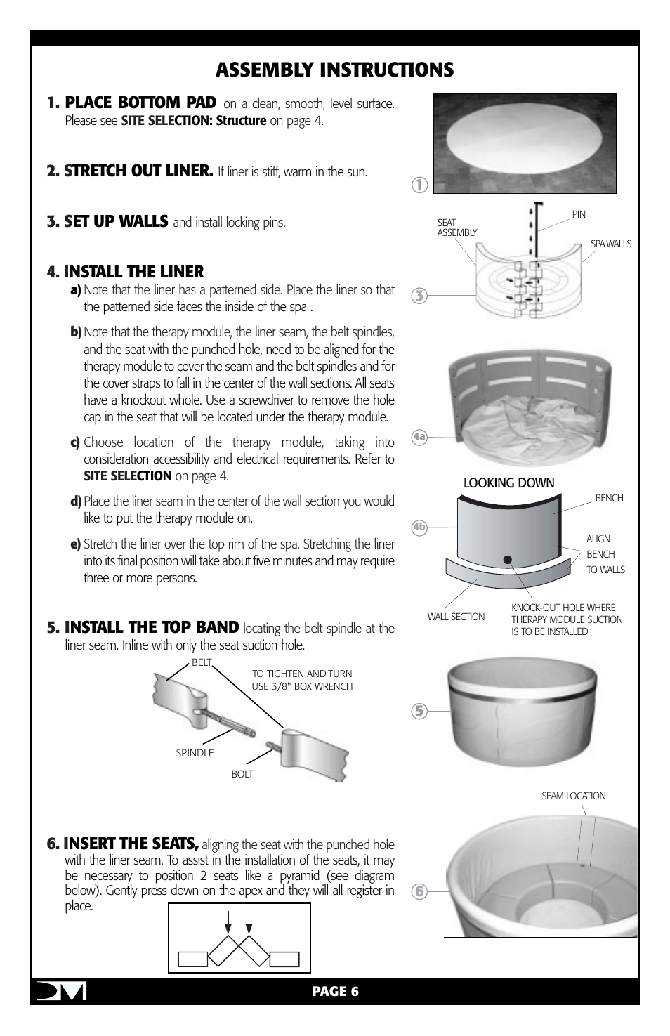 Assembly instructions, Place bottom pad, S tretch out liner | S et up walls, I nstall the liner, I nstall the top band, I nsert the seats | Vita Spa Portable Spa User Manual | Page 8 / 33