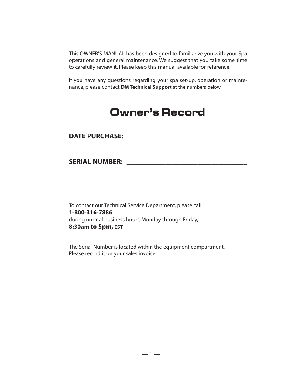 Owner’s record | Vita Spa Deluxe U -1 3 0 User Manual | Page 3 / 25