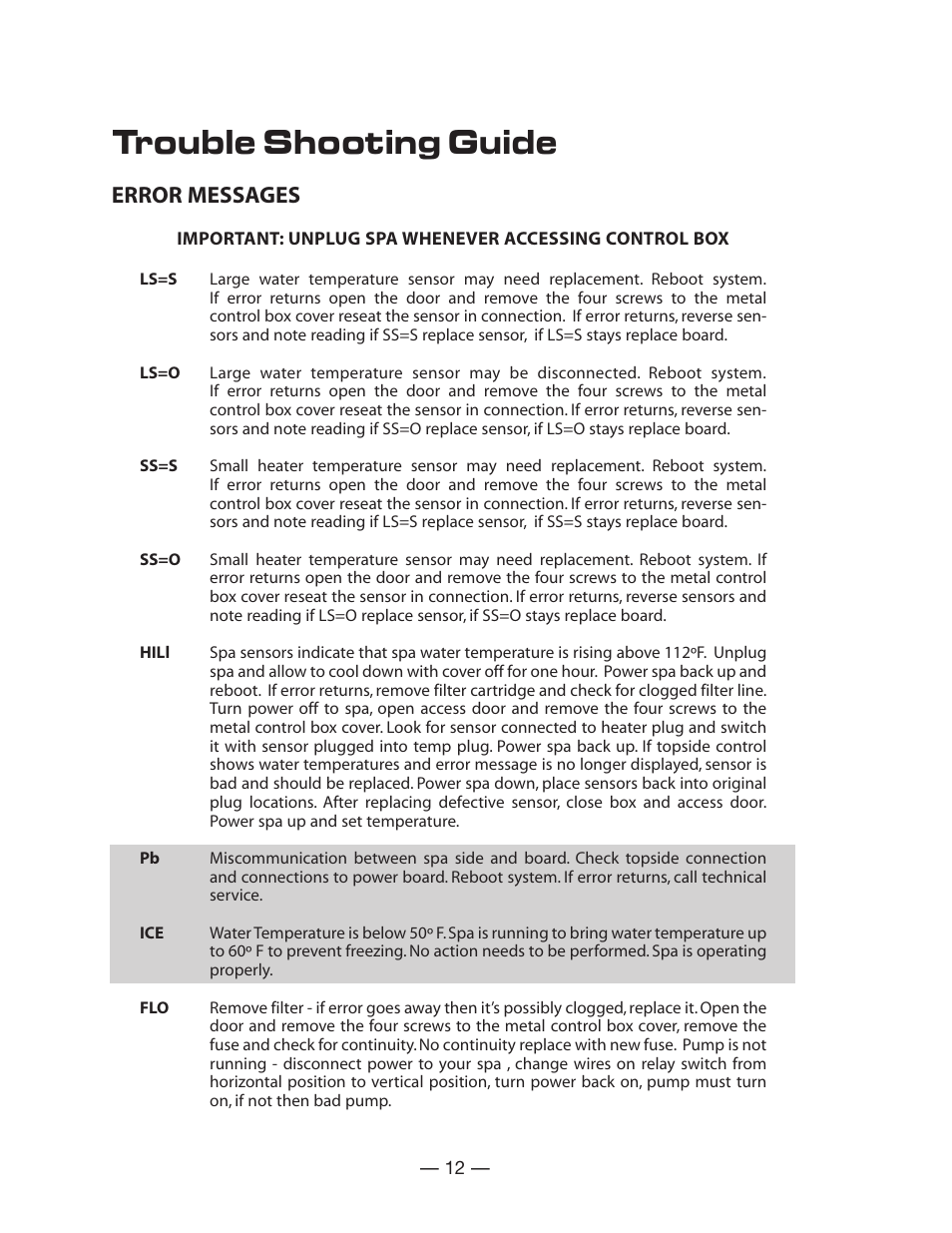 Trouble shooting guide, Error messages | Vita Spa LD-15 Series User Manual | Page 13 / 16