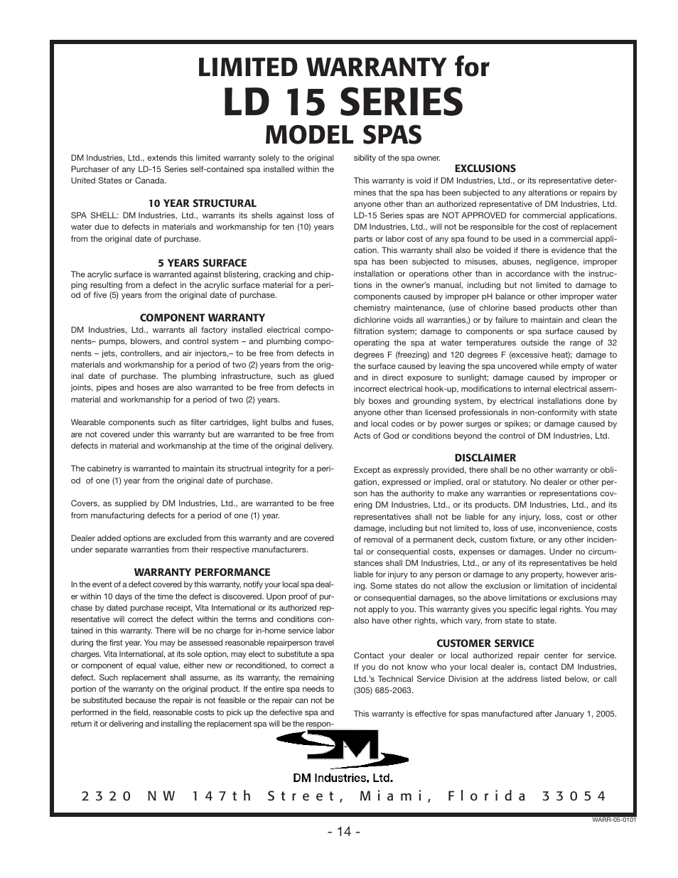 Ld 15 series, Limited warranty for, Model spas | Vita Spa LD-15 Series User Manual | Page 15 / 16