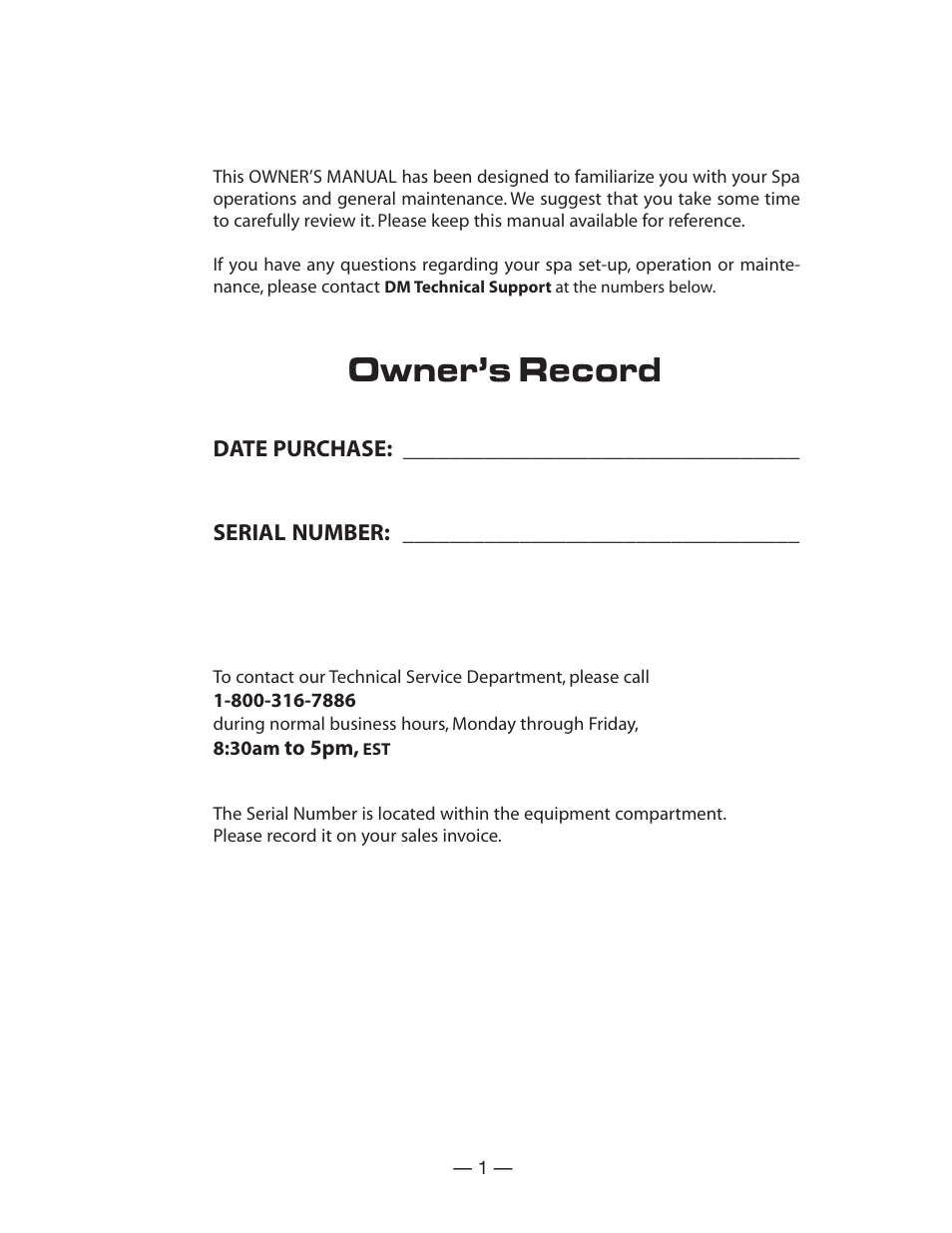 Owner’s record | Vita Spa LD-15 Series User Manual | Page 2 / 16