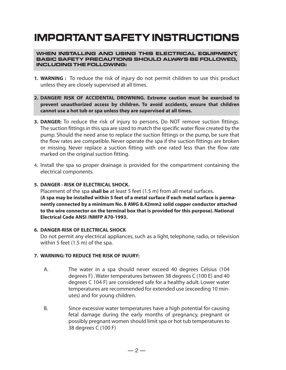 Important safety instructions | Vita Spa LD-15 Series User Manual | Page 3 / 16