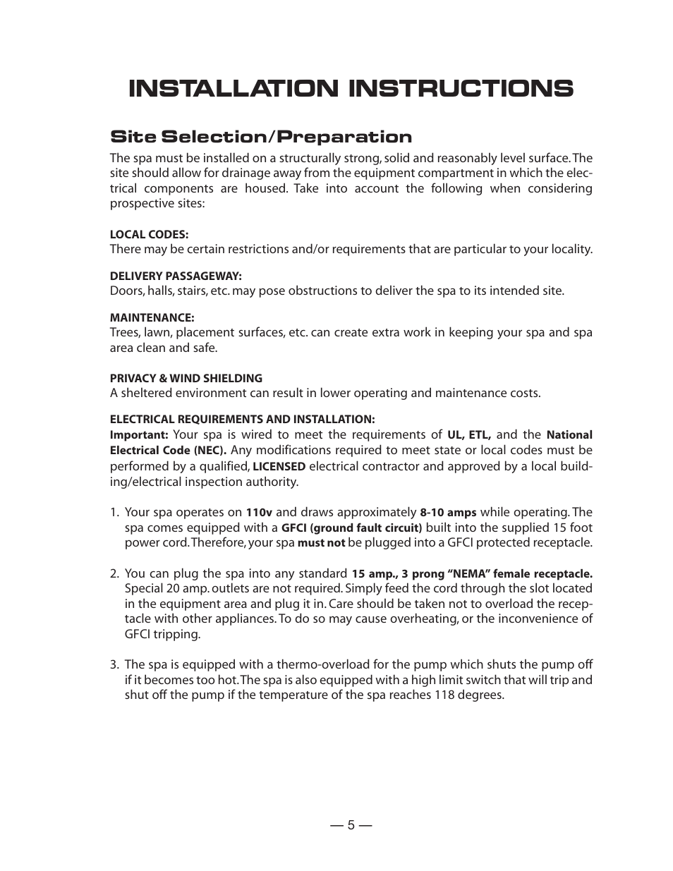 Installation instructions, Site selection/preparation | Vita Spa LD-15 Series User Manual | Page 6 / 16
