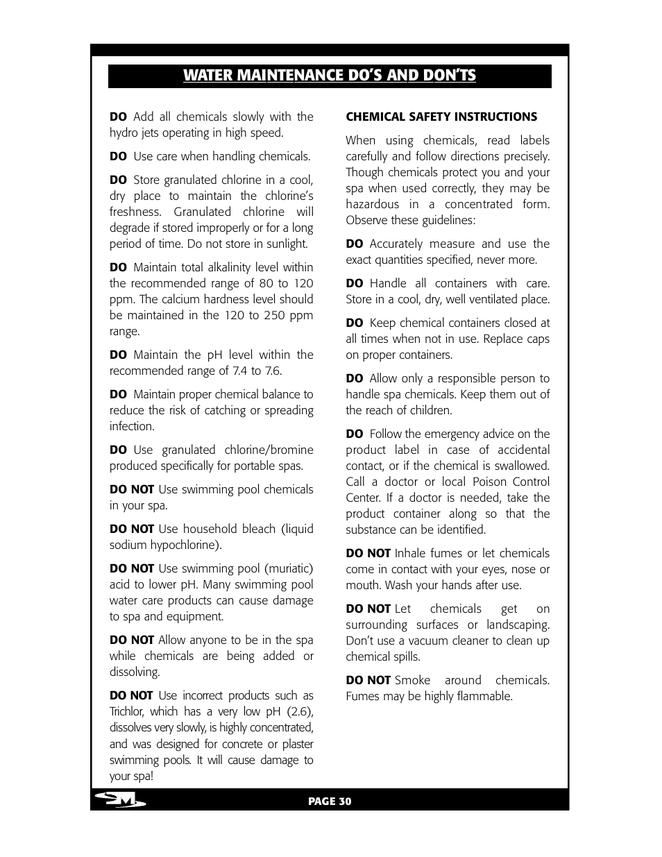 Wat er main t en a nce do’s and don ’ ts | Vita Spa L100 User Manual | Page 34 / 48