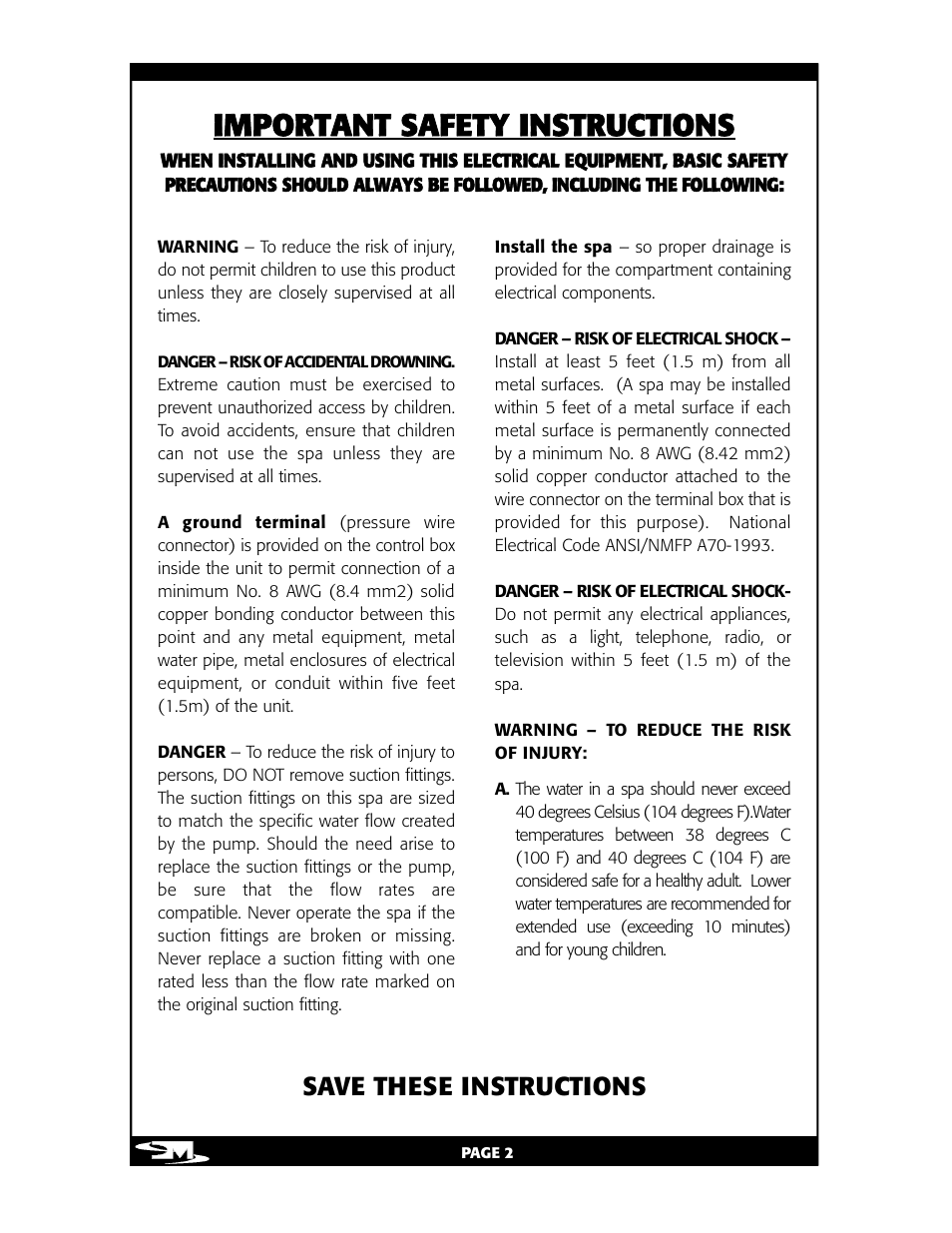 Important safety instructions, Save these instructions | Vita Spa L100 User Manual | Page 6 / 48