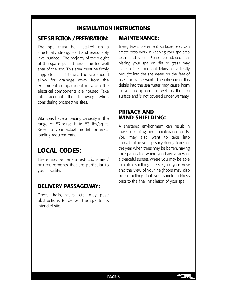 Local codes, Delivery passageway, Maintenance | Privacy and wind shielding | Vita Spa L100 User Manual | Page 9 / 48