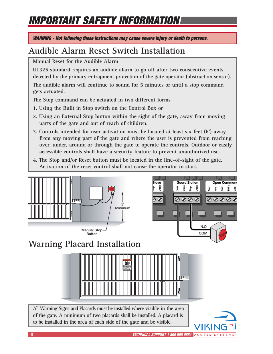 Important safety information, Audible alarm reset switch installation, Warning placard installation | Viking Access Systems Vehicular Gate Opener X-9 User Manual | Page 10 / 36