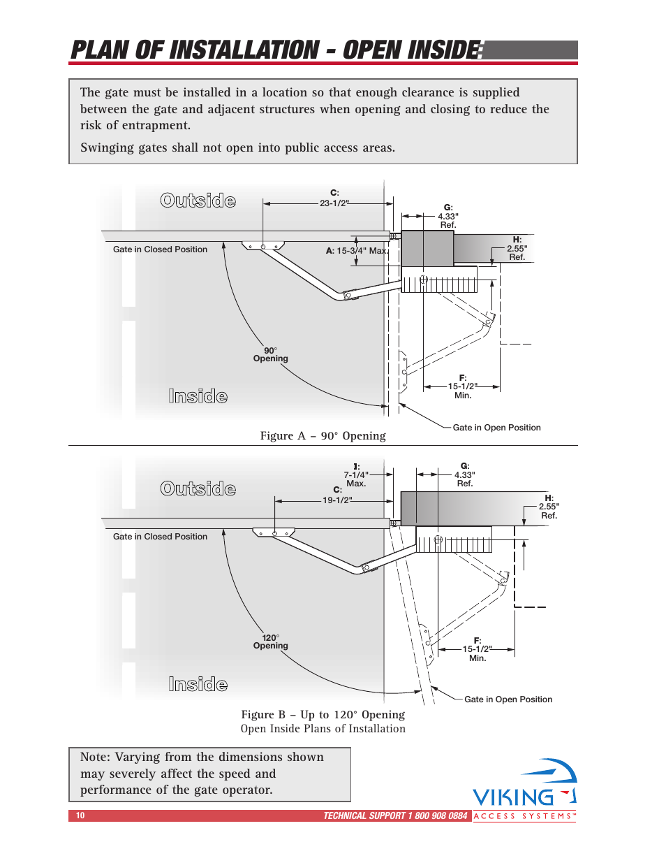 Plan of installation - open inside, Inside outside inside outside | Viking Access Systems Vehicular Gate Opener X-9 User Manual | Page 12 / 36