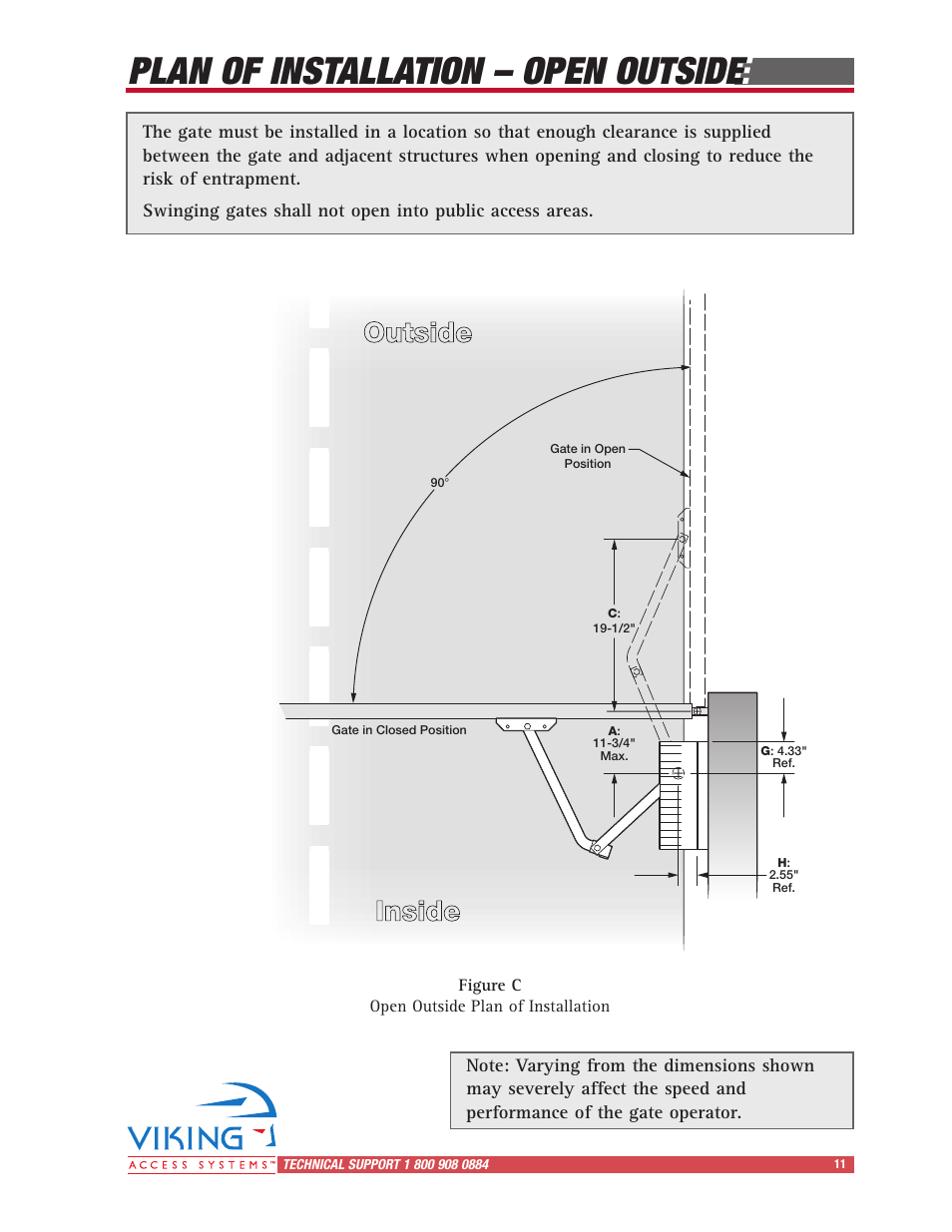 Plan of installation – open outside, Inside outside | Viking Access Systems Vehicular Gate Opener X-9 User Manual | Page 13 / 36
