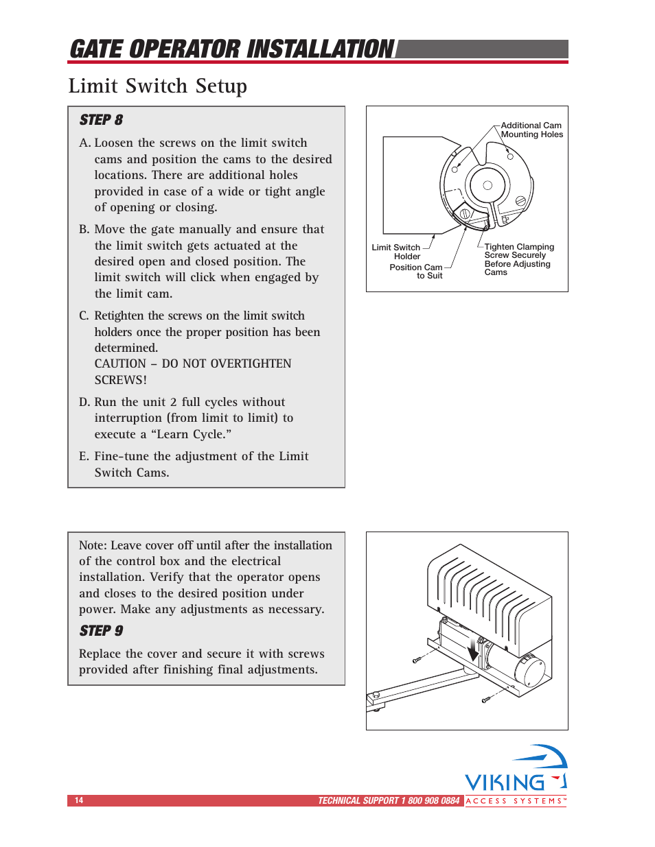 Gate operator installation, Limit switch setup | Viking Access Systems Vehicular Gate Opener X-9 User Manual | Page 16 / 36