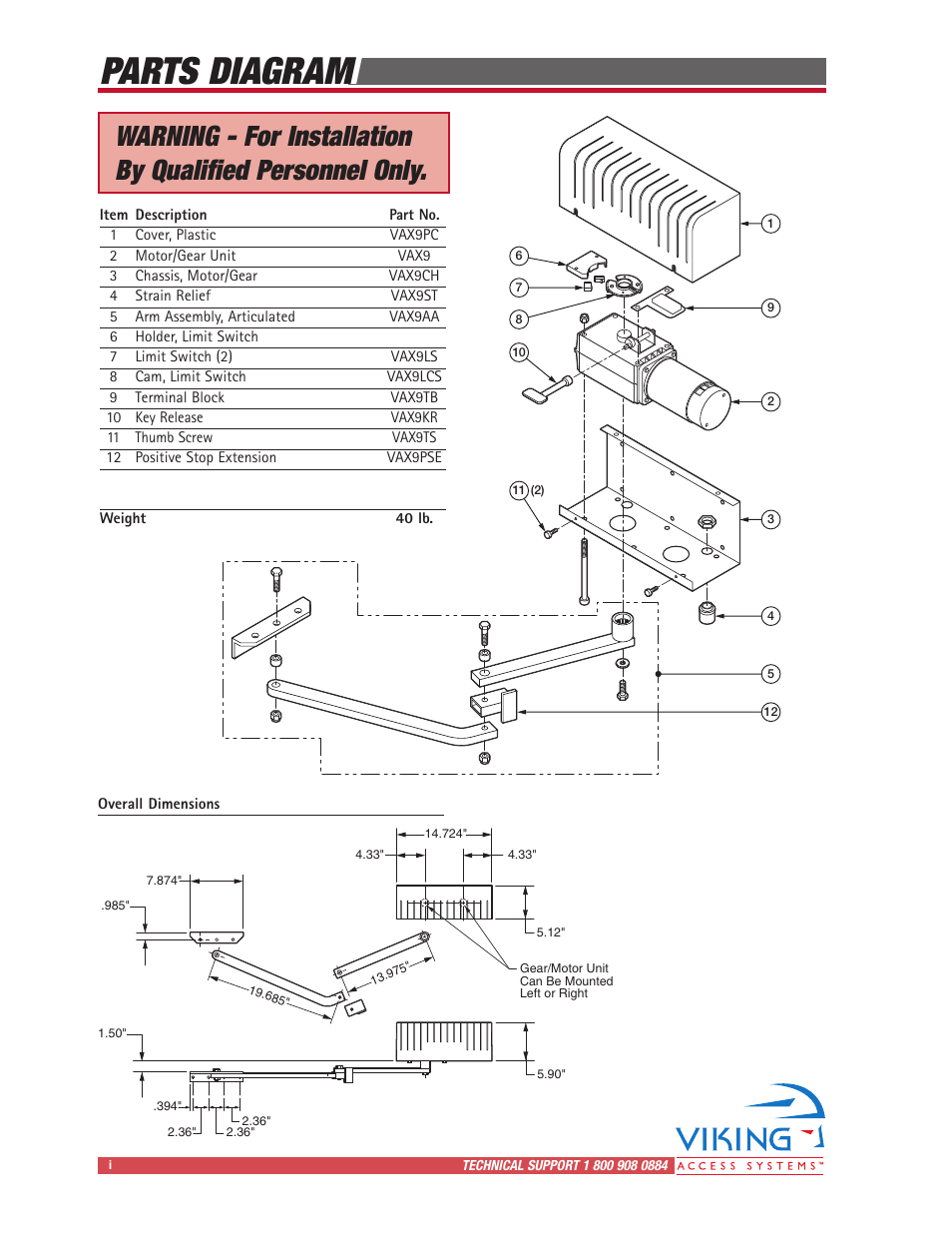 Parts diagram | Viking Access Systems Vehicular Gate Opener X-9 User Manual | Page 2 / 36