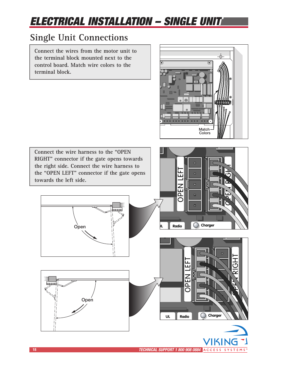 Electrical installation – single unit, Single unit connections, Open | Viking Access Systems Vehicular Gate Opener X-9 User Manual | Page 20 / 36